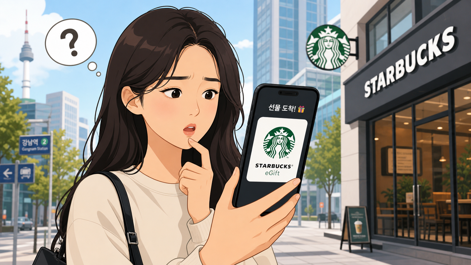 여성이 스마트폰 화면에 표시된 스타벅스 기프트카드를 보며 당황한 모습