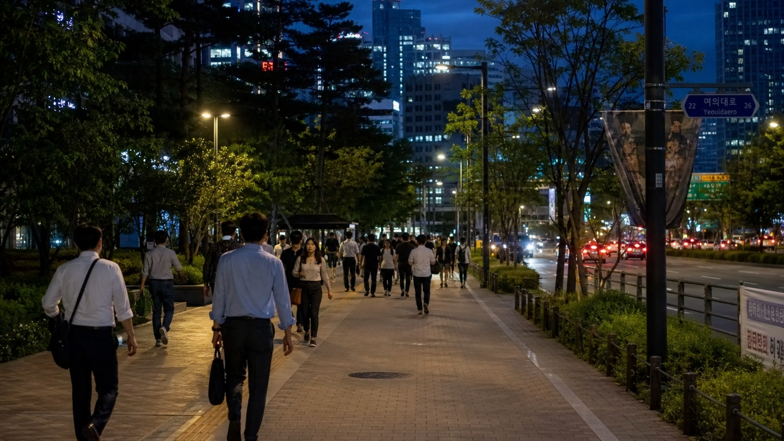 저녁에 직장인들이 퇴근 후 산책하거나 강변으로 가는 장면
