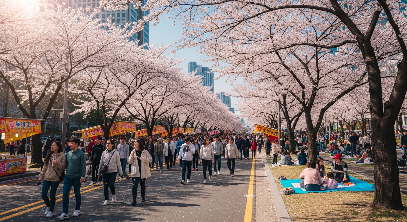 벚꽃으로 가득한 서울 여의도의 붐비는 거리와 축제 분위기를 즐기는 사람들