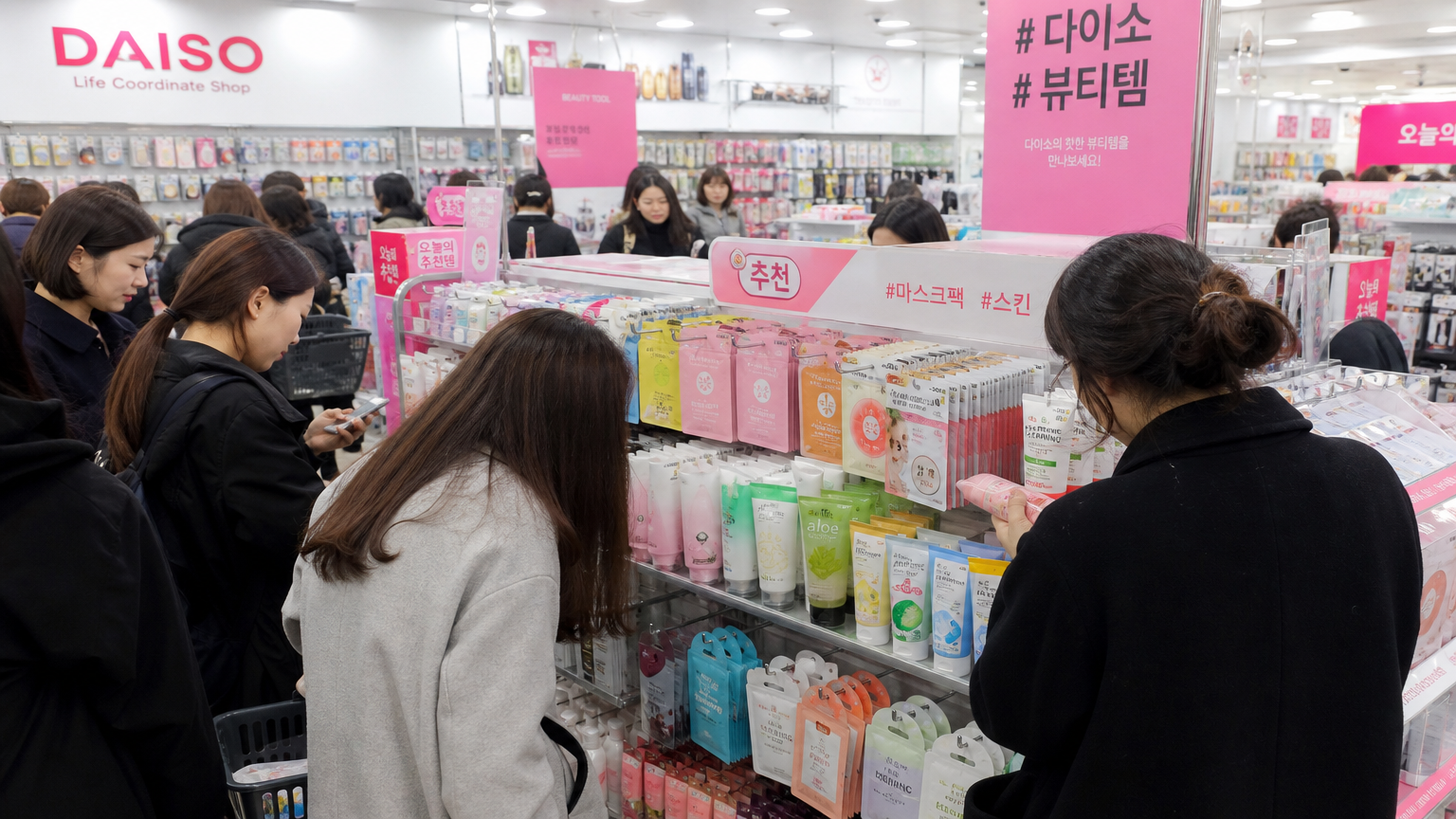 많은 사람들이 모여 있는 다이소의 뷰티 코너