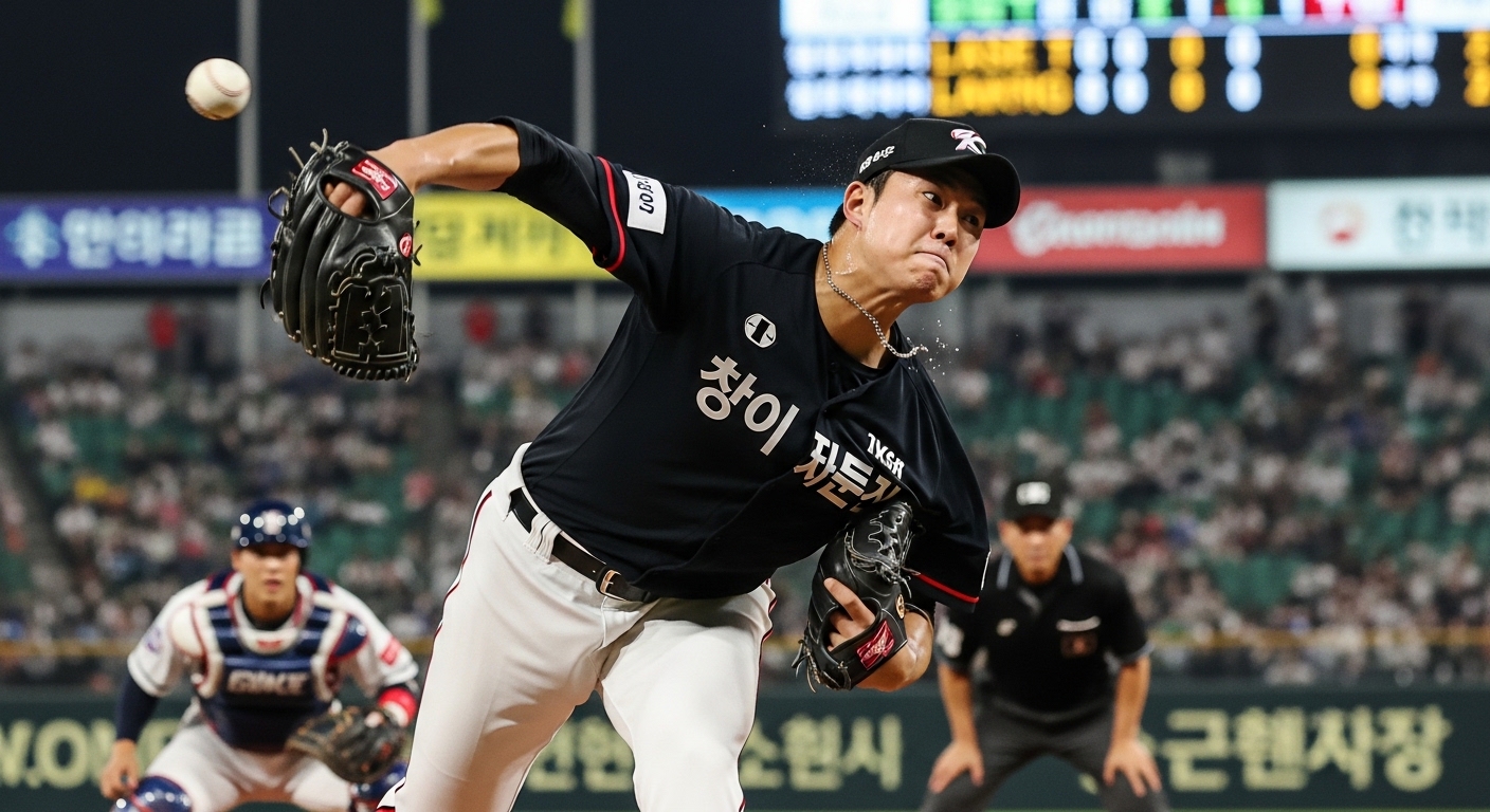 야간 경기 후반에 집중하여 강속구를 던지는 한국인 구원 투수
