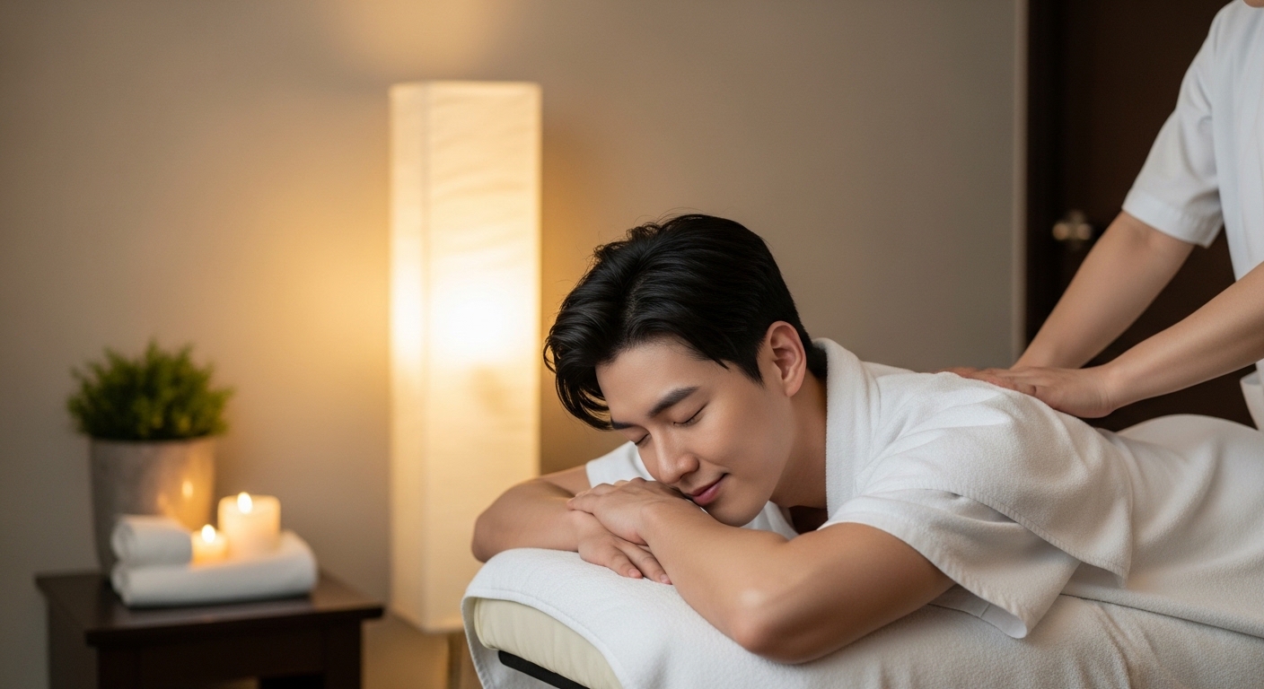 현대적인 스파에서 마사지를 받으며 편안해하는 남성 모습
