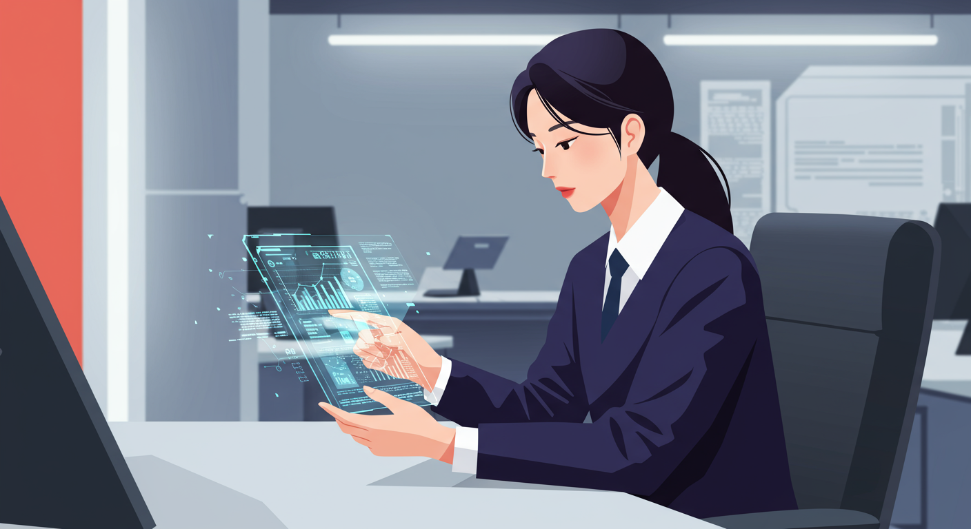 현대적인 사무실에서 AI 기능이 통합된 디지털 메모장을 사용하는 직장인의 모습