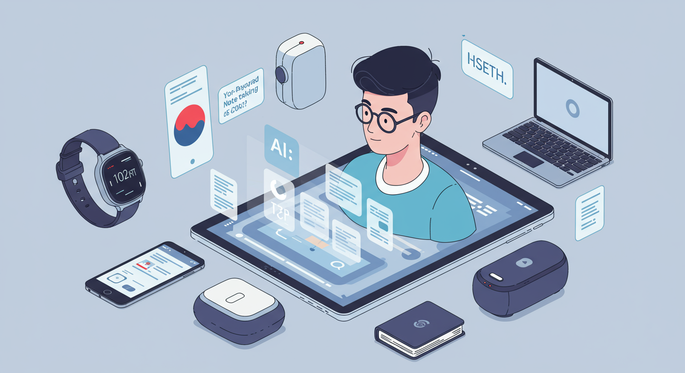 다양한 스마트 기기와 AI 기반 노트 앱 인터페이스를 활용하는 기술 애호가