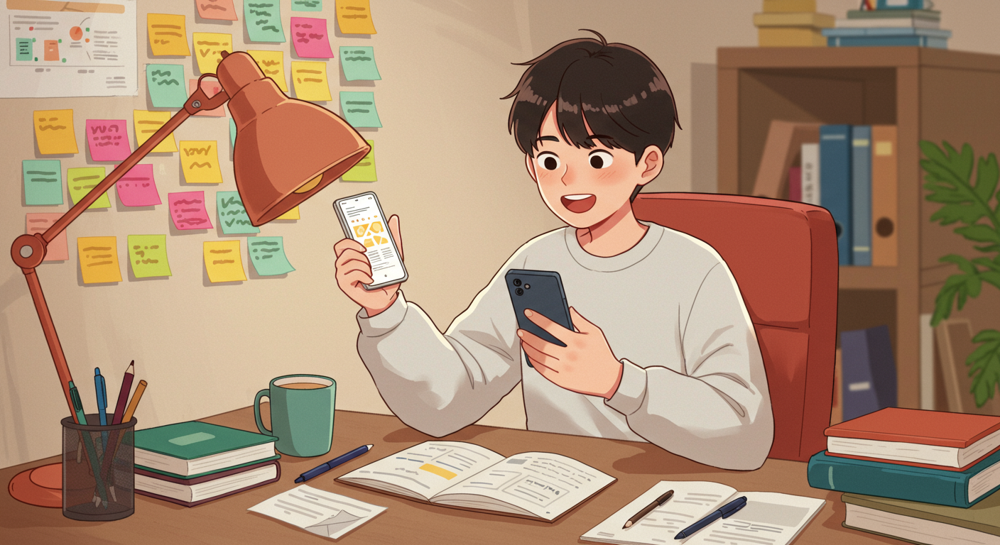 집 공부 책상에서 색색의 스티키 노트와 모바일 앱으로 아이디어를 빠르게 기록하는 학생