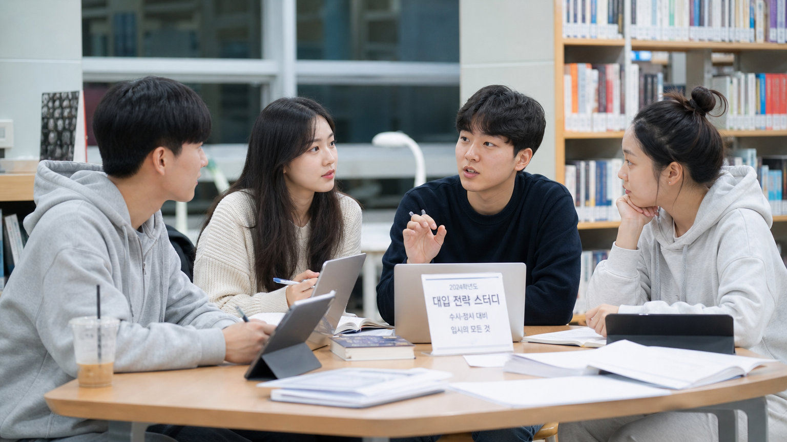 현대적인 도서관에서 대학 입학 전략을 논의하는 한국 학생들