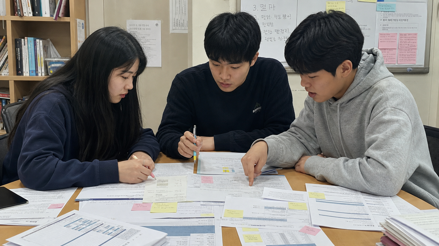 스터디룸에서 생기부와 교내 활동 정리를 하는 한국 학생들