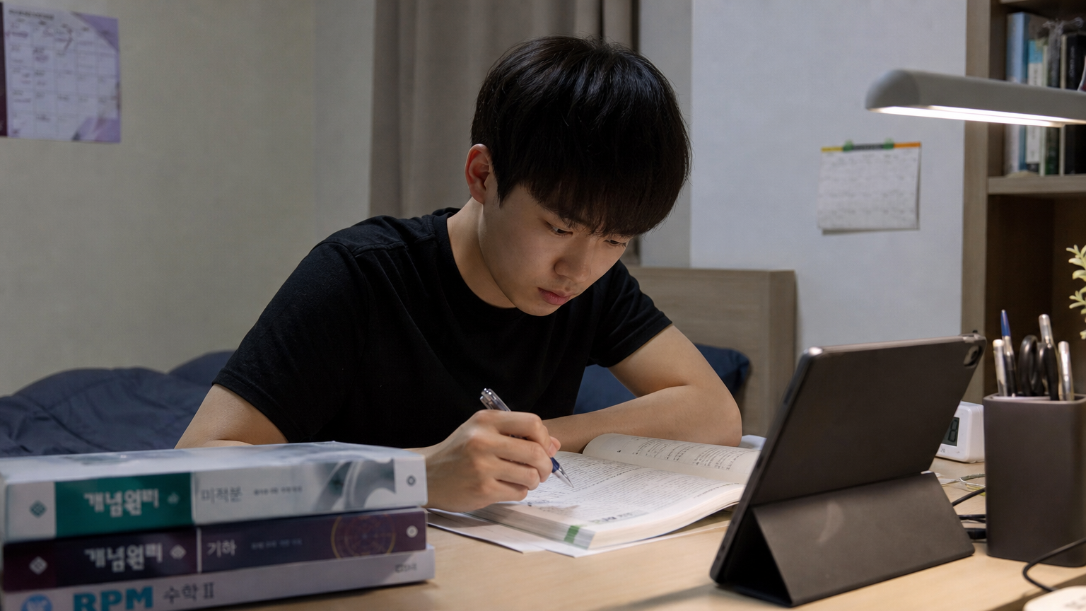 대학 입학을 위해 교과서를 검토하는 한국 학생