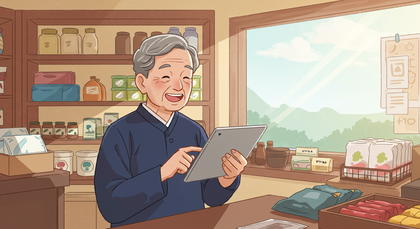 가게에서 태블릿으로 지원금 자격을 확인하며 기뻐하는 시니어 상점 주인