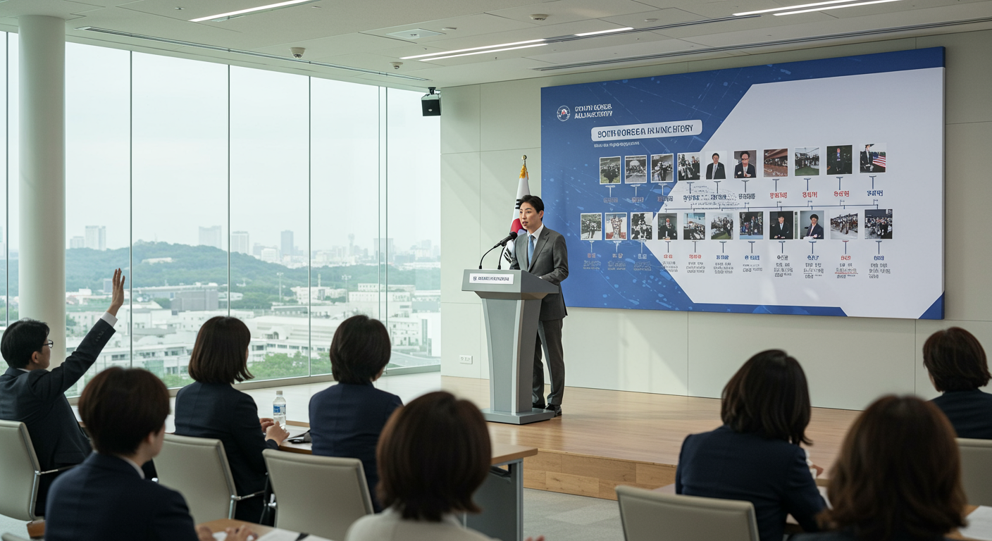 현대적인 회의실에서 한미동맹 역사를 설명하는 한국 정치인의 모습