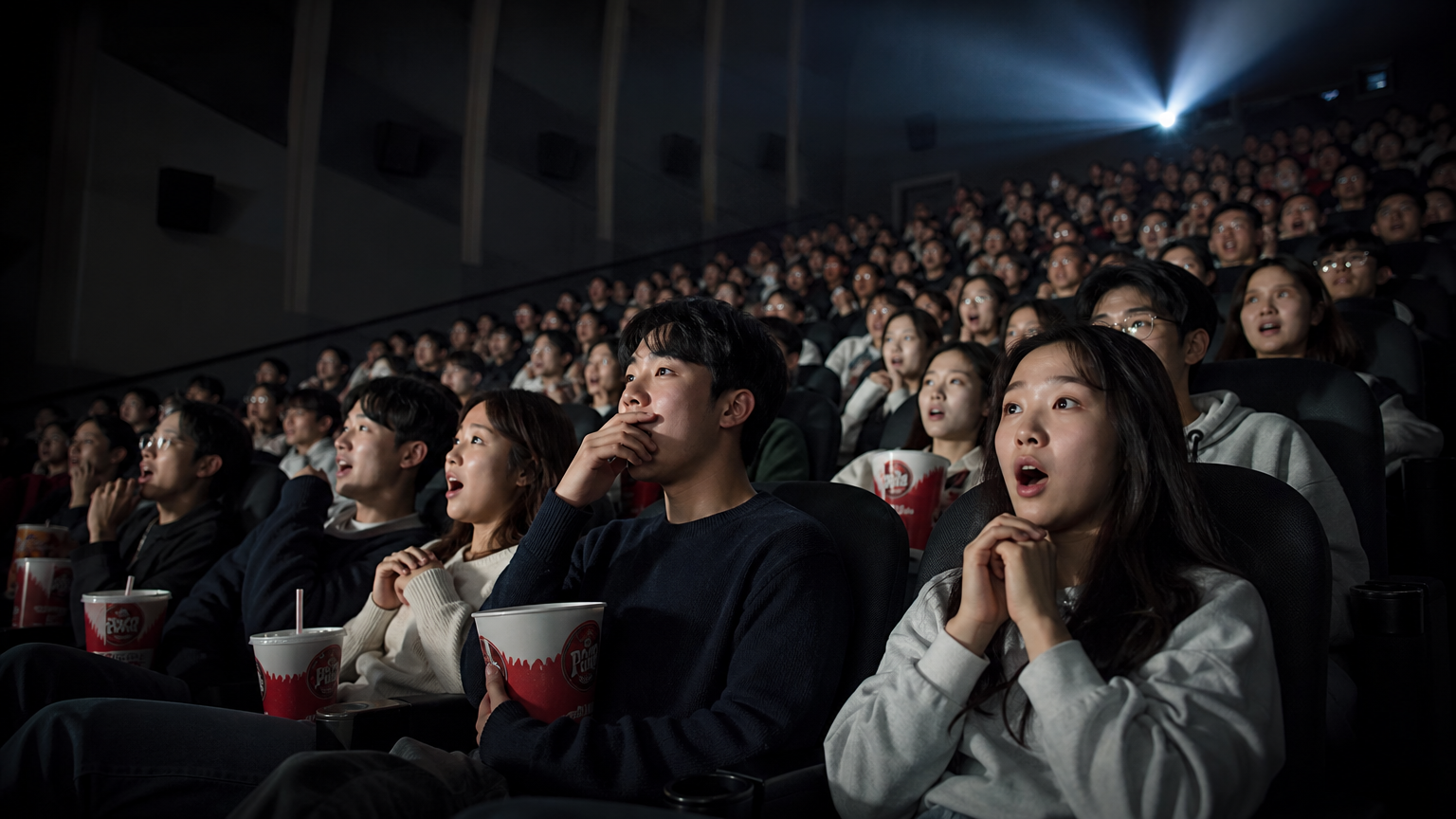 현대식 극장에서 블록버스터 영화를 관람하는 한국 관객들의 모습