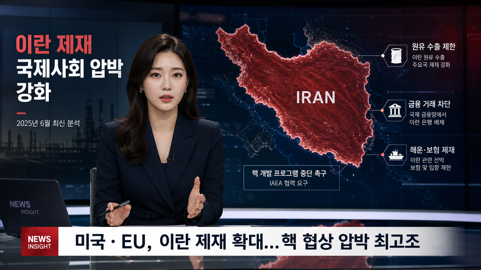 한국 기자가 스튜디오에서 이란 경제 제재에 대해 설명하는 장면