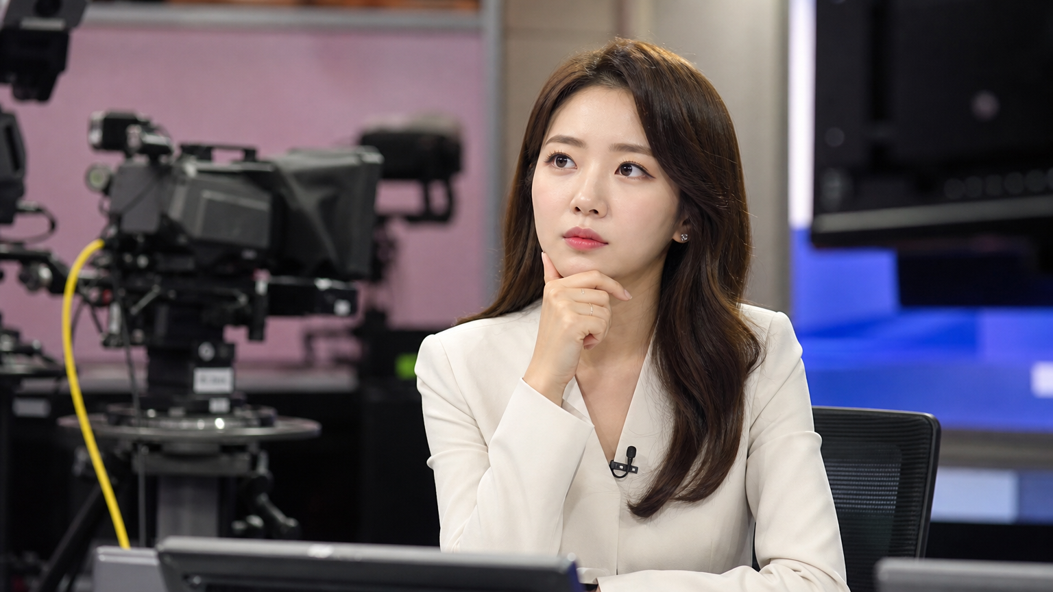 스튜디오에서 생각에 잠긴 한국 여성 아나운서의 모습