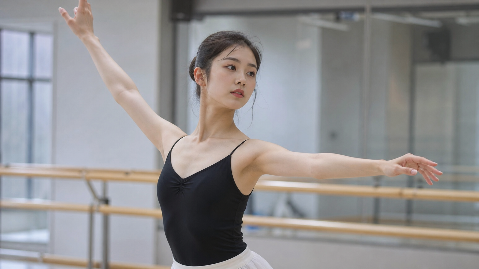 발레 연습 중인 젊은 여성의 우아하고 집중된 모습