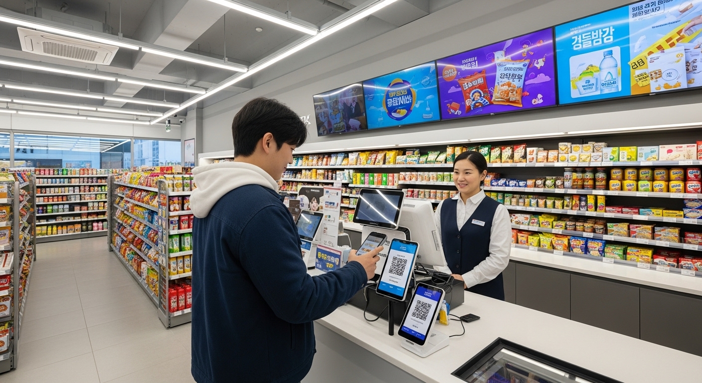 젊은 성인이 편의점 계산대에서 스마트폰 앱을 사용해 QR 코드를 스캔하며 결제하는 모습
