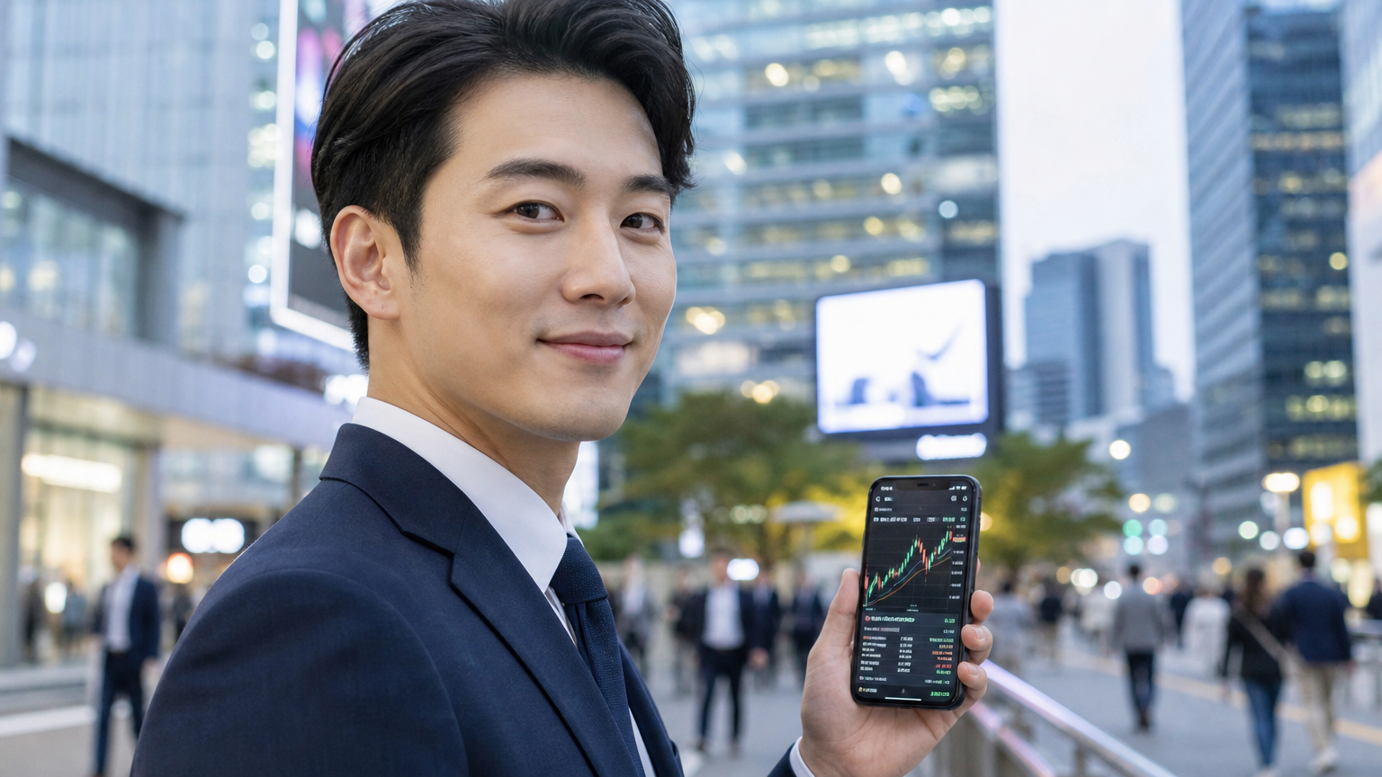 활기찬 도시 배경에서 스마트폰으로 금융 그래프를 보고 있는 사업가
