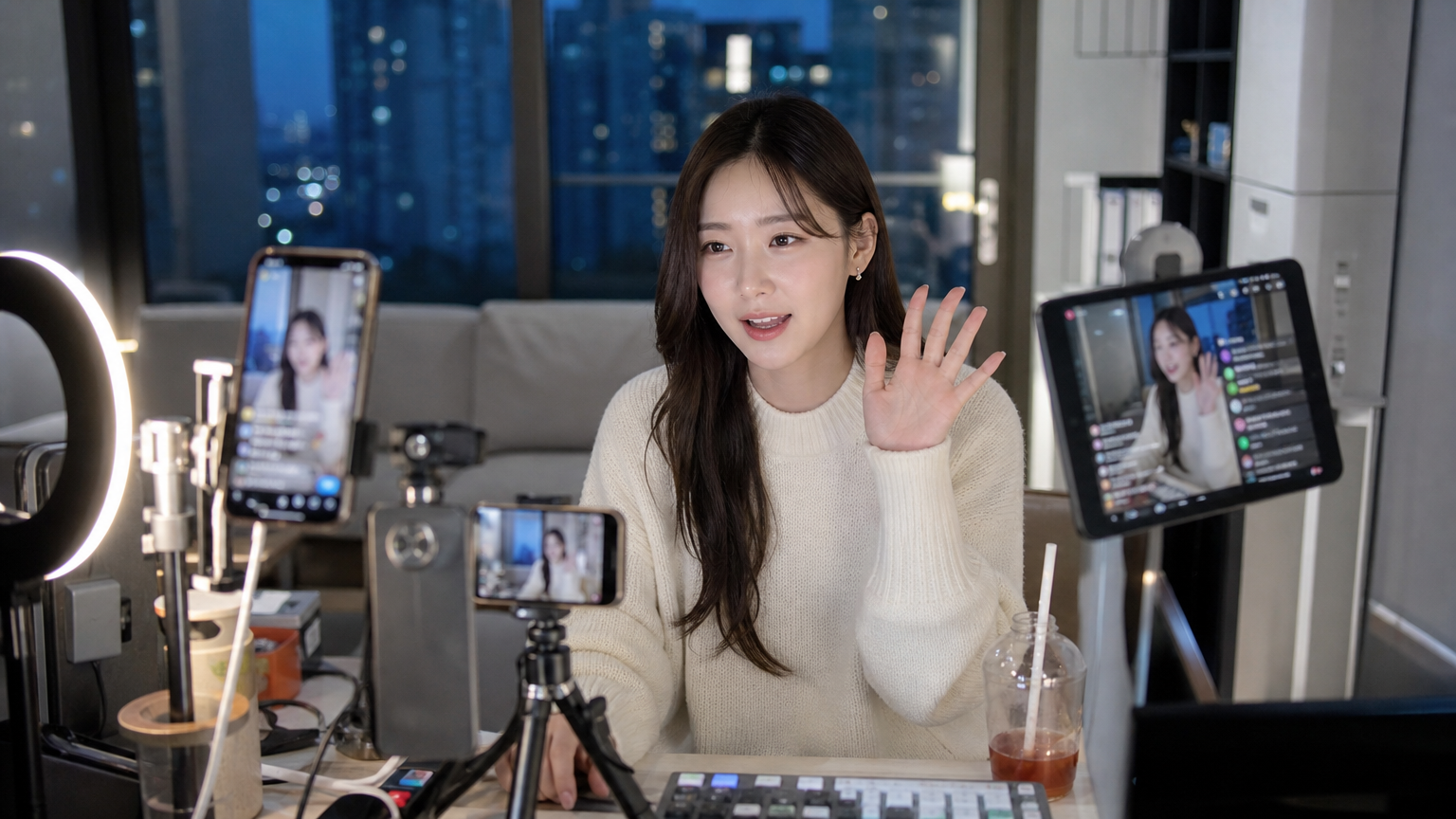 도심 아파트에서 다양한 기기로 라이브 스트리밍 중인 여성이 온라인 시청자들과 소통하는 모습