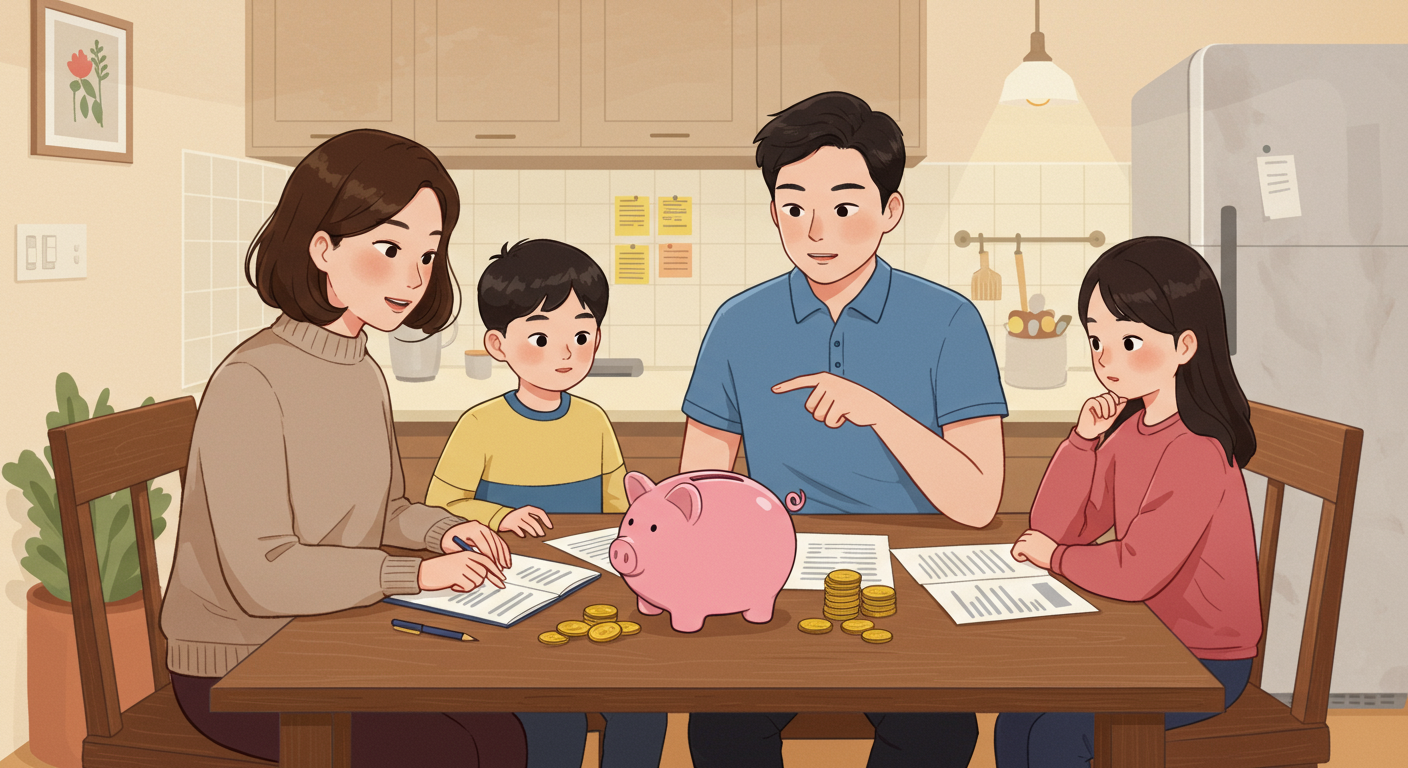 한국 가정이 돼지저금통을 놓고 금융 계획을 논의하는 장면