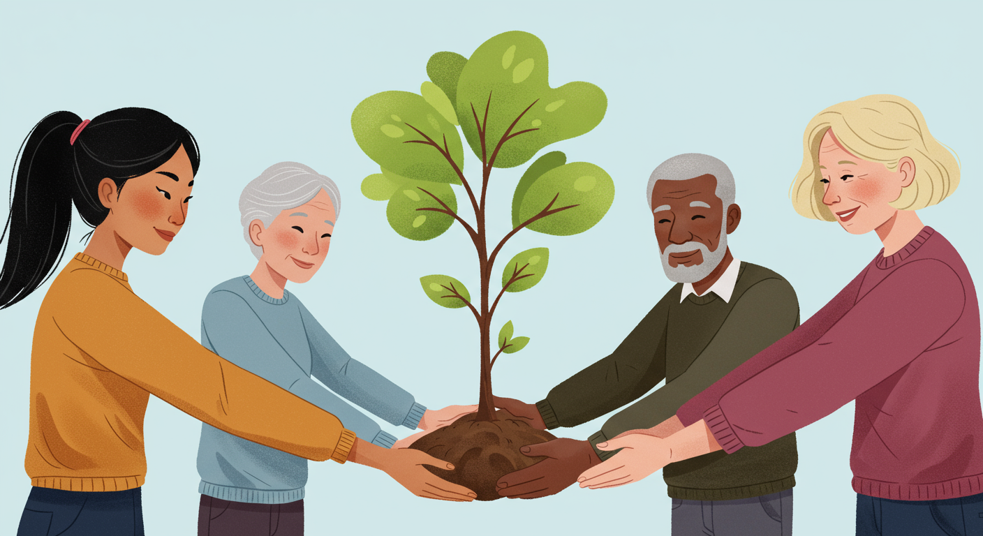 다양한 사람들이 손을 잡고 성장하는 나무 주위를 둘러싸고 있는 장면으로 미래 계획 상징
