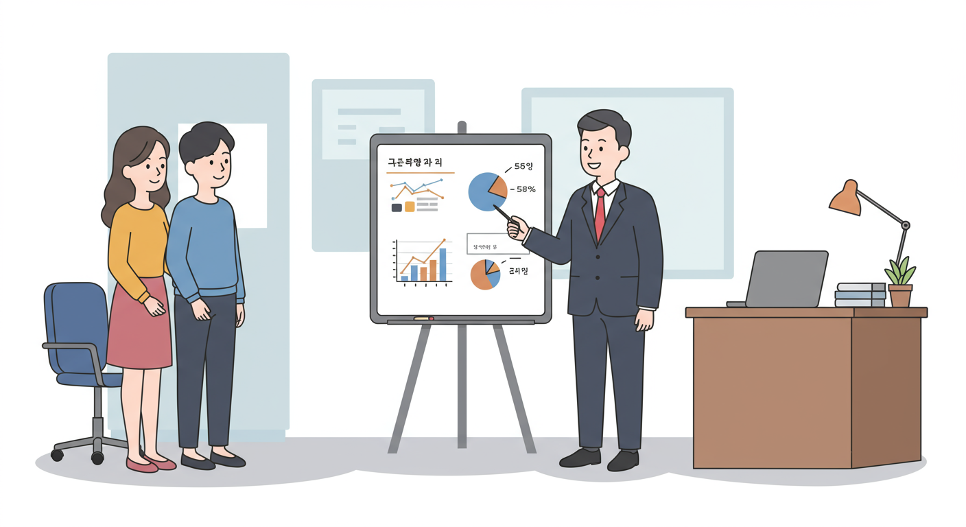 정부 사무실에서 공무원이 젊은 부부에게 자격 요건을 설명하는 모습