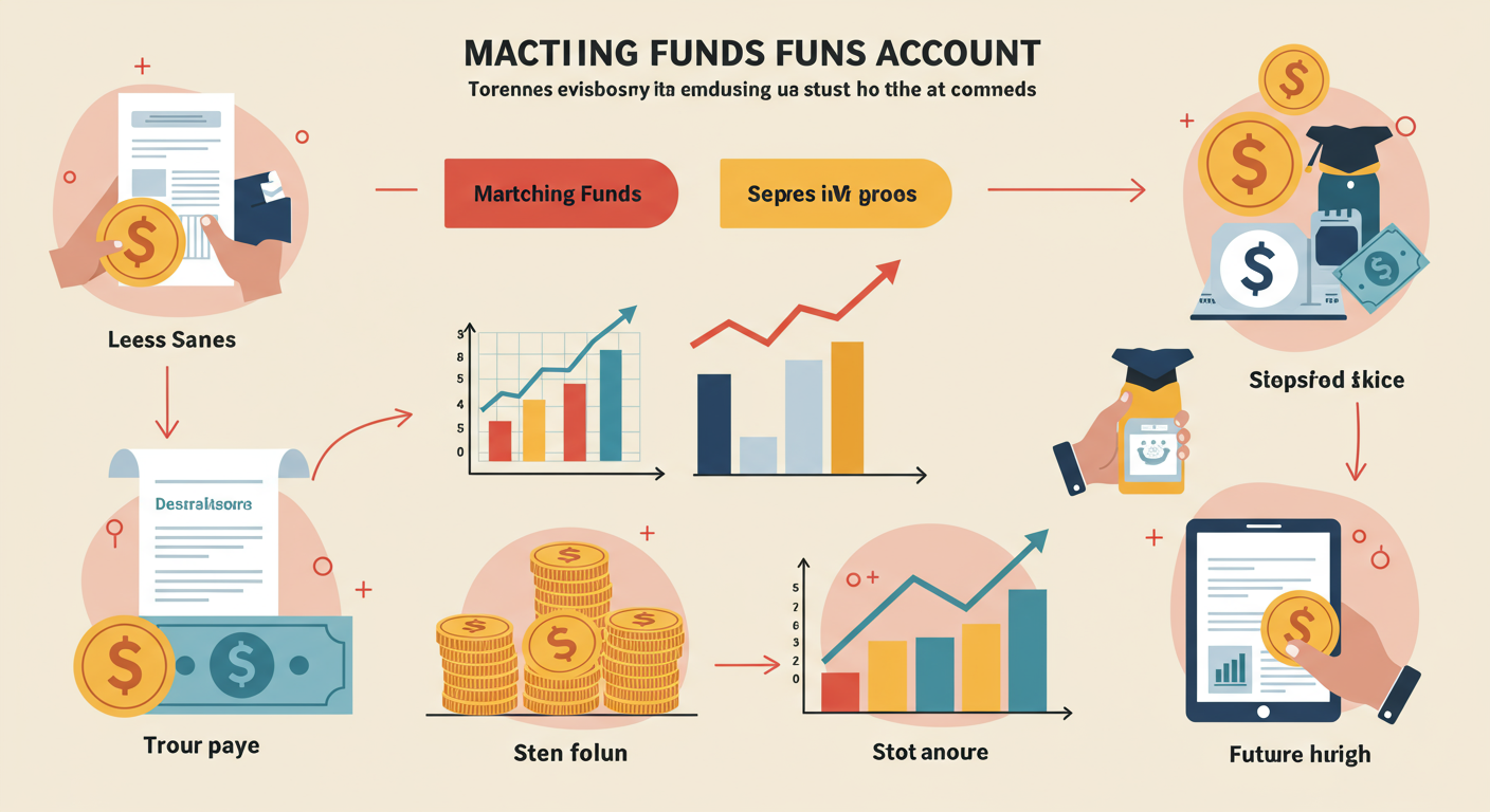 일러스트로 그려진 인포그래픽에서 동전과 그래프를 통해 매칭 펀드 과정을 보여주는 모습