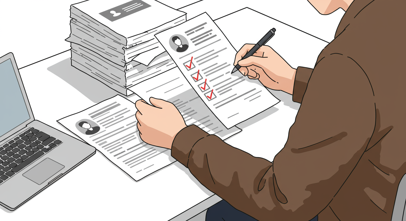 책상 위에서 서류와 체크리스트를 검토하며 준비하는 사람의 모습