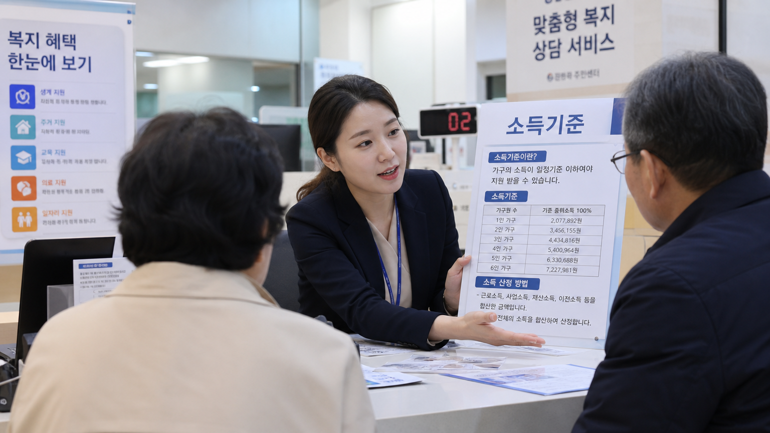 현대적인 정부 사무실에서 소득 기준을 시민들에게 설명하는 공무원의 모습