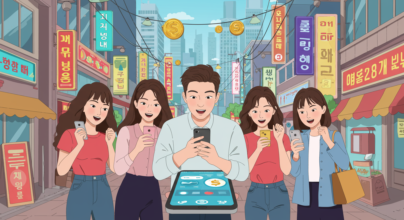 젊은 성인들이 스마트폰을 보며 재정 기회를 찾는 모습