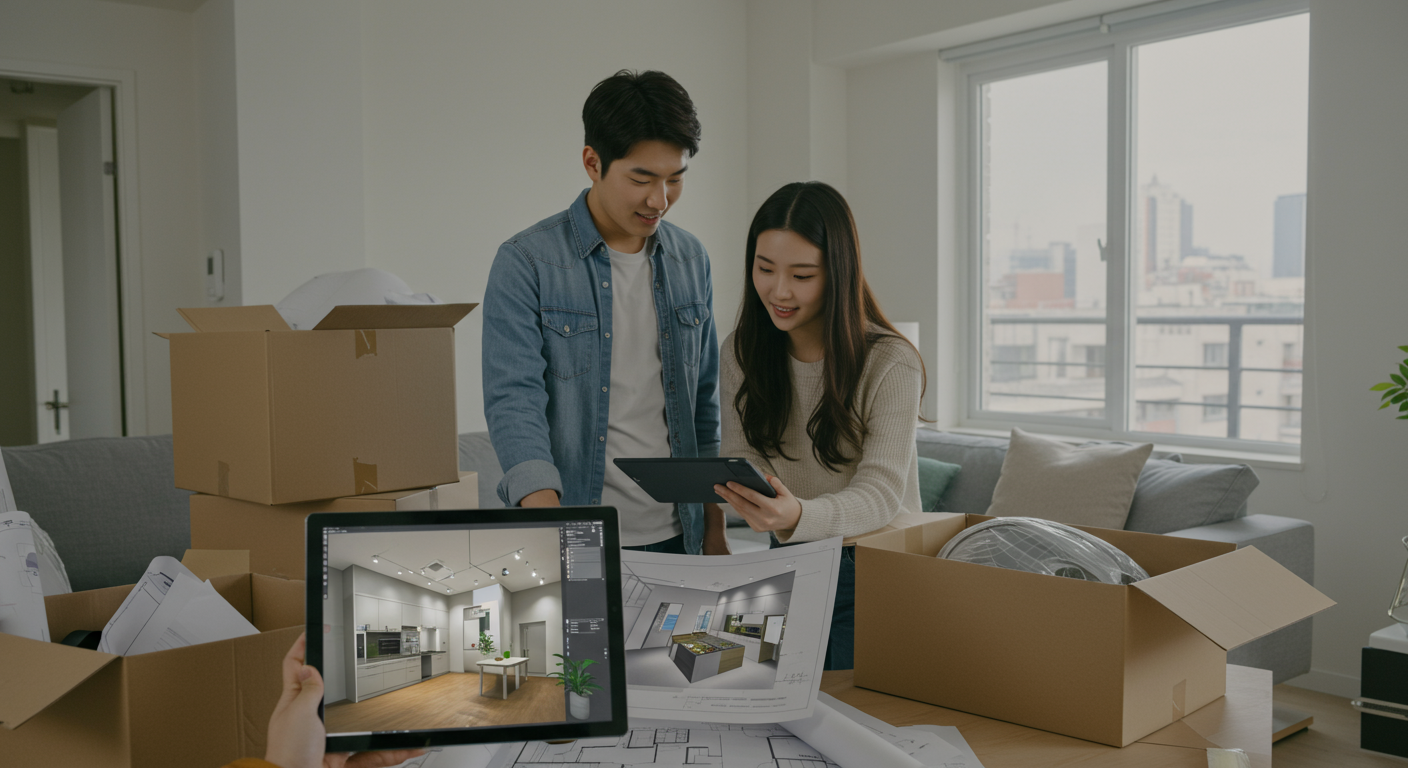 젊은 부부가 새로운 아파트에서 이사 박스에 둘러싸여 주거 계획을 논의하는 모습