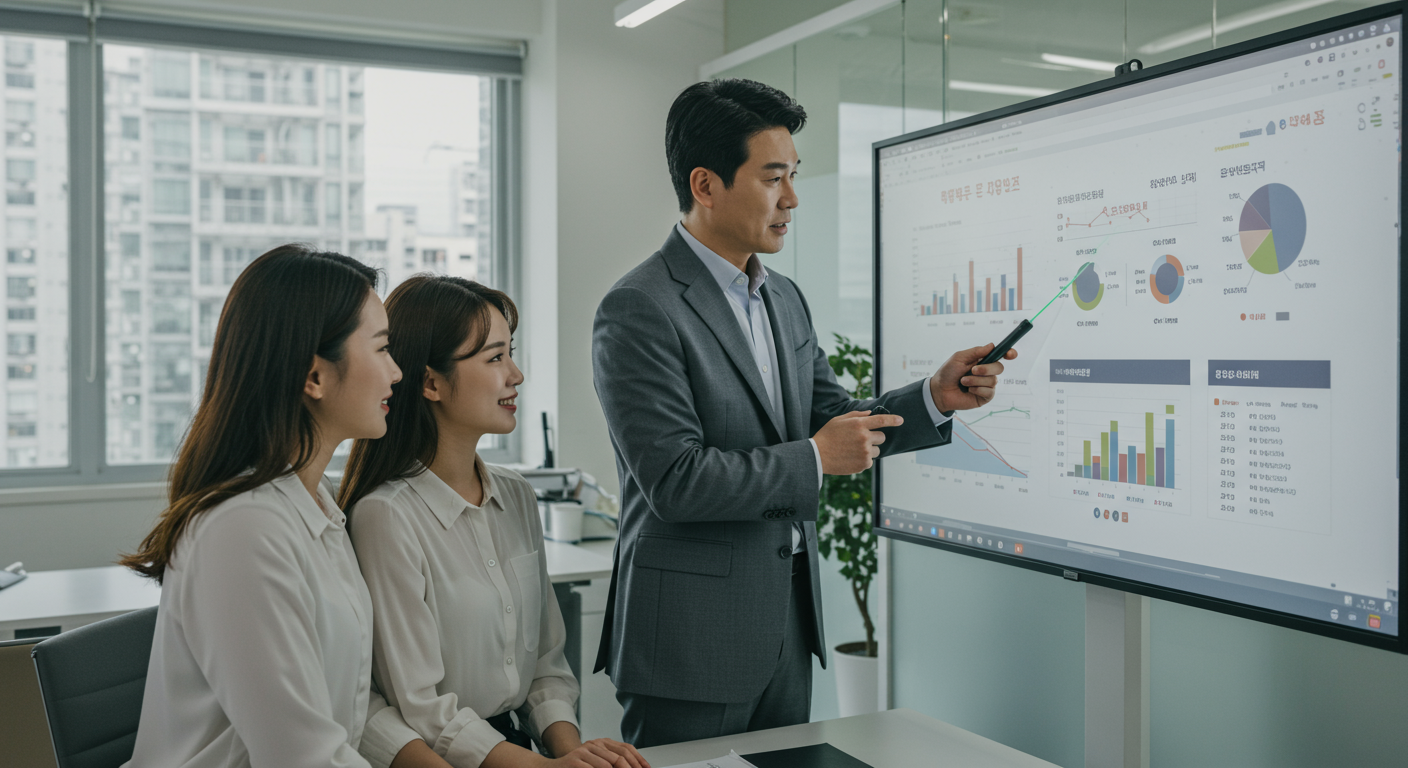 금융 상담사가 사무실에서 젊은 부부에게 대출 옵션을 설명하는 모습