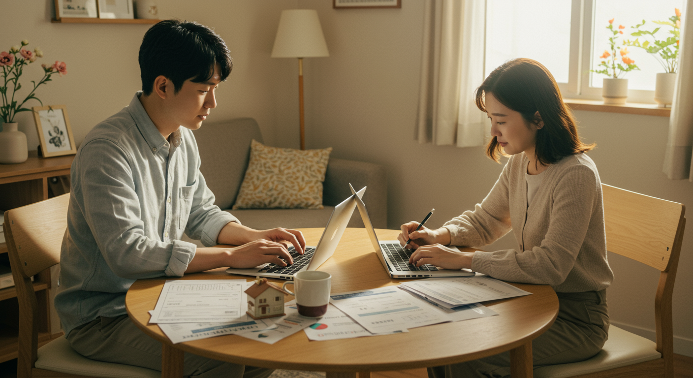 한국 커플이 집에서 노트북과 서류를 이용해 온라인으로 주택 대출을 신청하는 모습