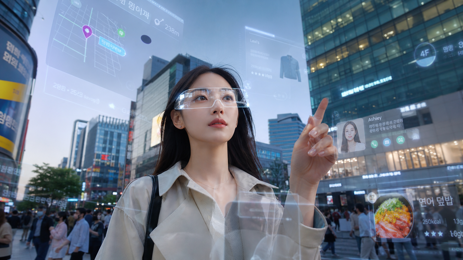 첨단 AR 글라스를 착용한 젊은 여성이 도시 풍경 속에서 3D 홀로그램을 보는 모습