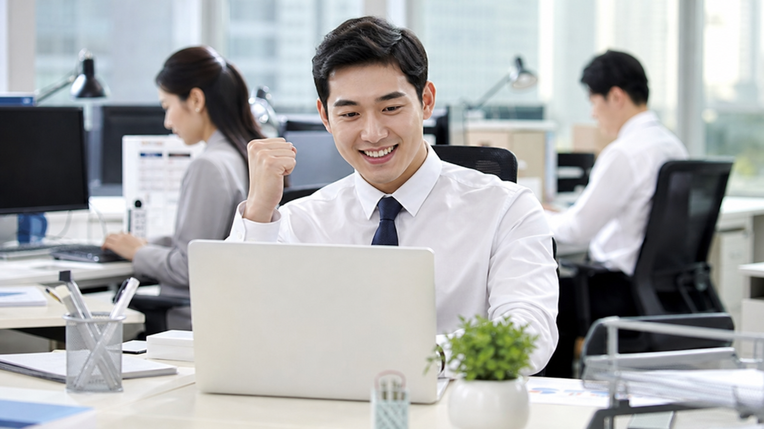 보충제를 섭취한 후 활기차게 업무에 집중하는 한국 직장인의 모습
