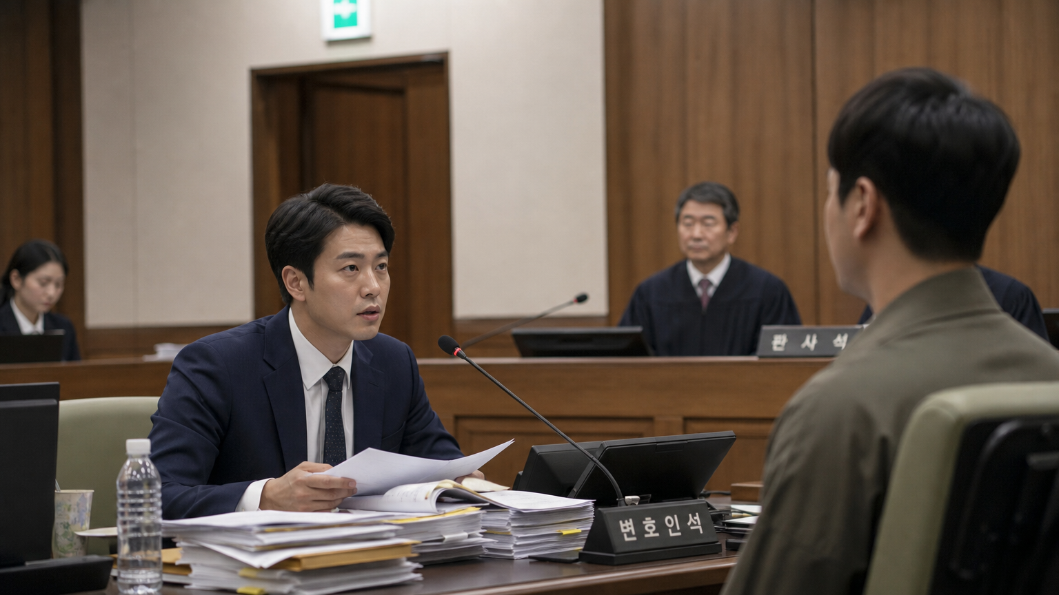 현대적인 한국 법정에서 변호사가 의뢰인을 대변하는 모습