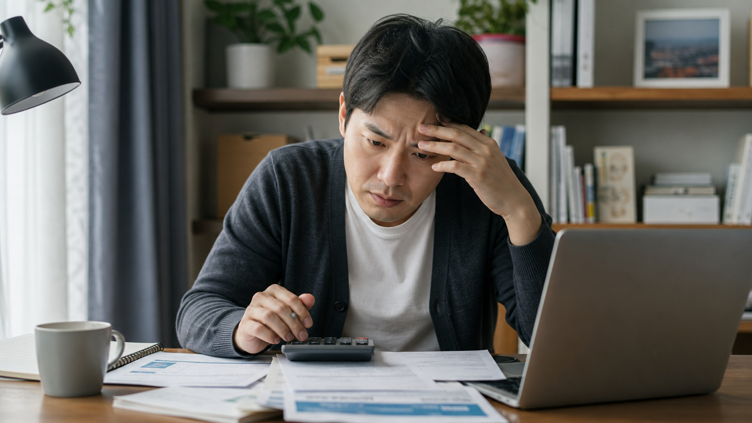 재정 서류를 검토하며 스트레스를 받는 한국 남성