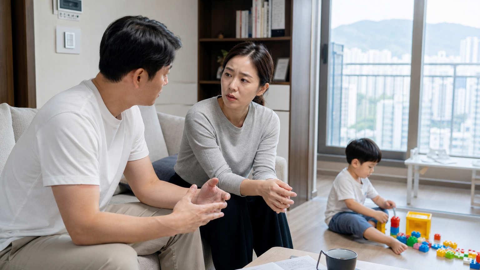 현대적 아파트 거실에서 자녀 복지를 논의하는 걱정스러운 부모들