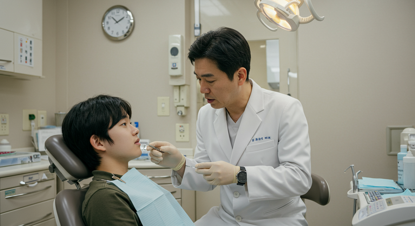 치과에서 젊은 환자가 안전한 식사 시작 시간을 상담 받는 장면