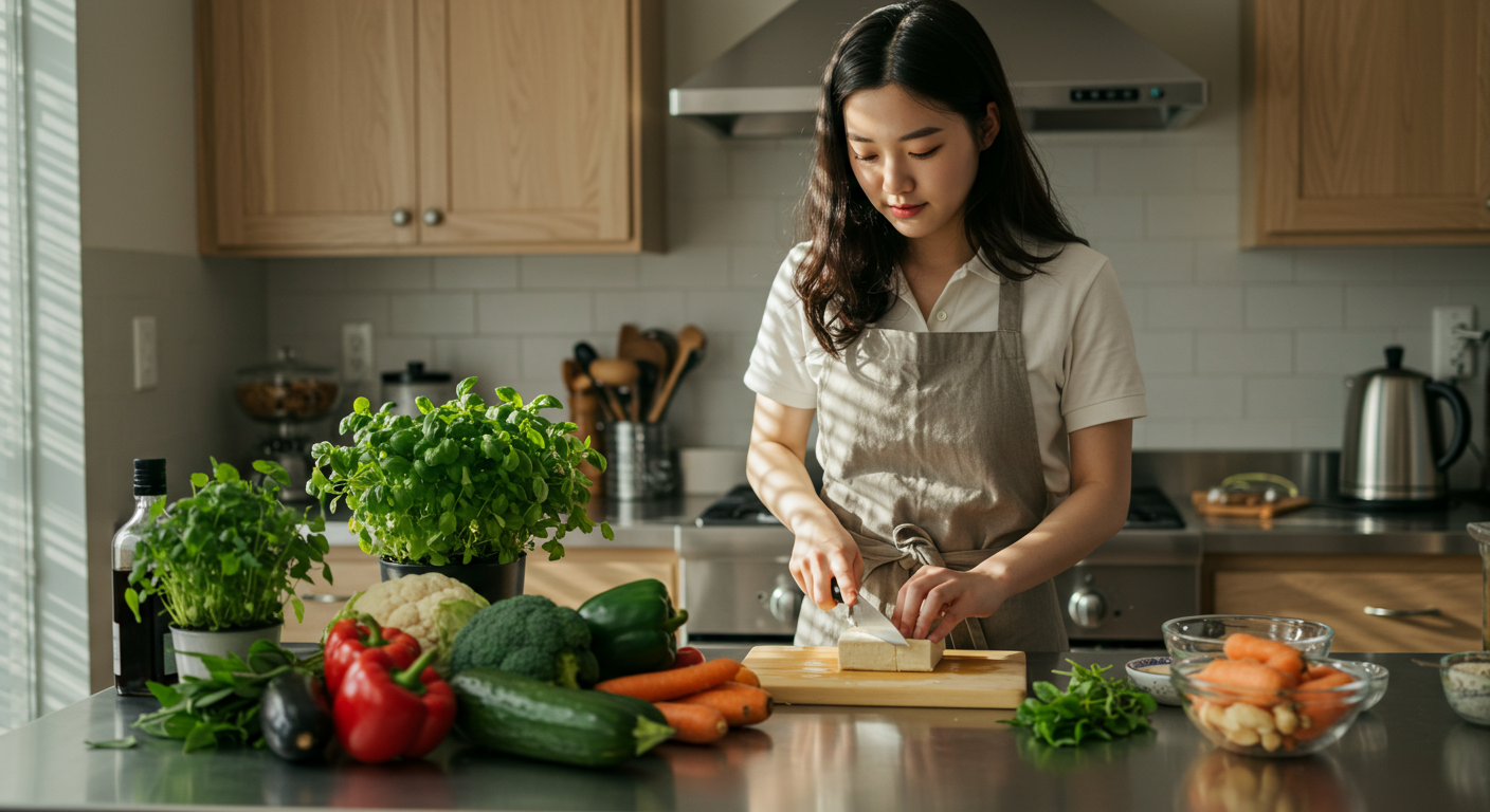 현대적인 주방에서 두부와 채소로 균형 잡힌 식사를 준비하는 장면