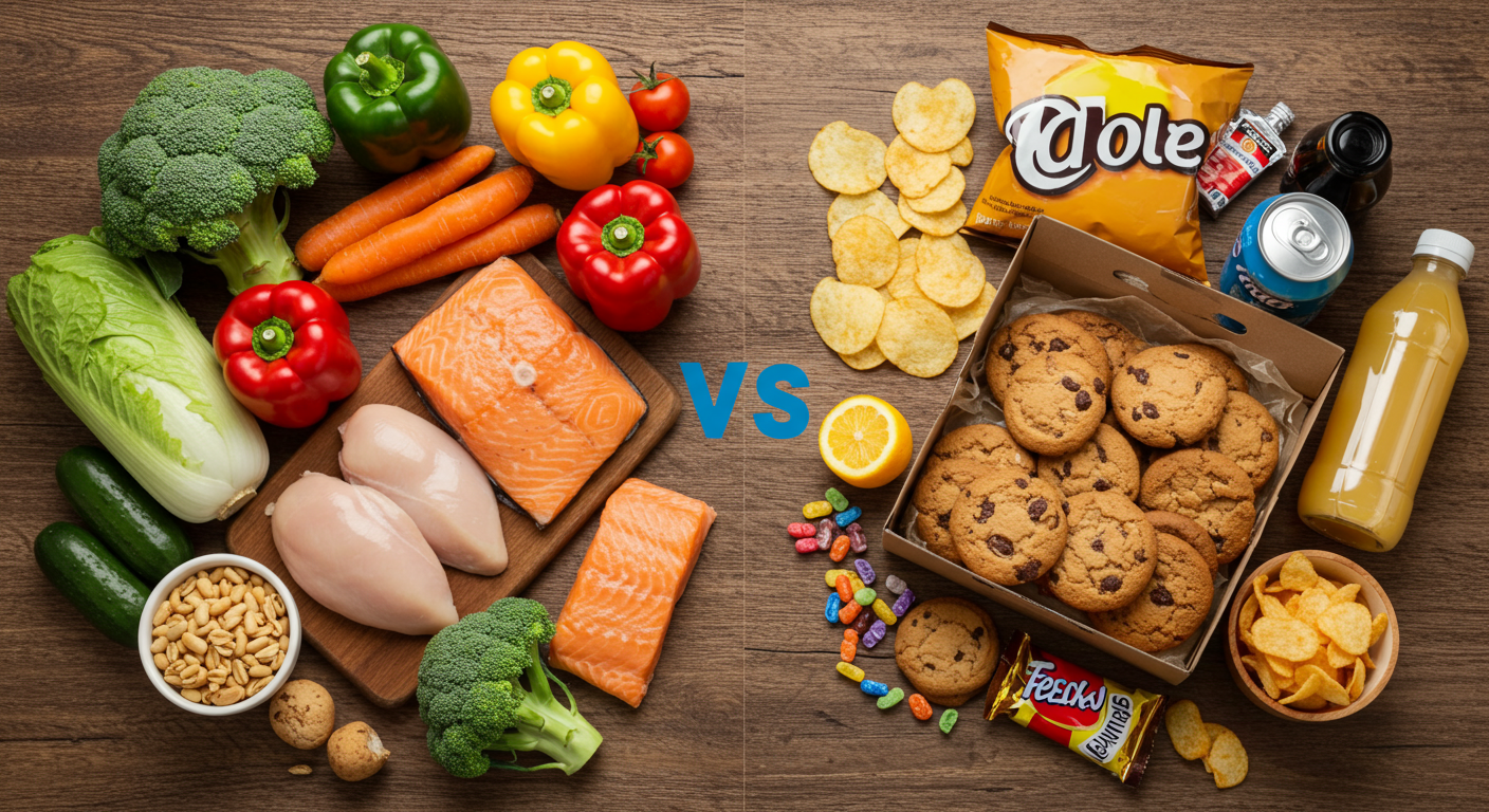 나무 테이블 위에 놓인 허용 음식과 금지 음식의 명확한 구분