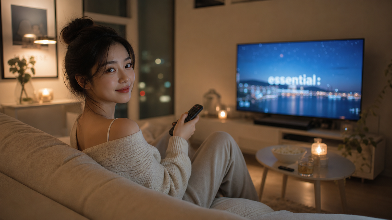 현대적인 소파에 앉아 리모컨을 들고 있는 여성과 TV 화면이 빛나는 따뜻한 실내 분위기