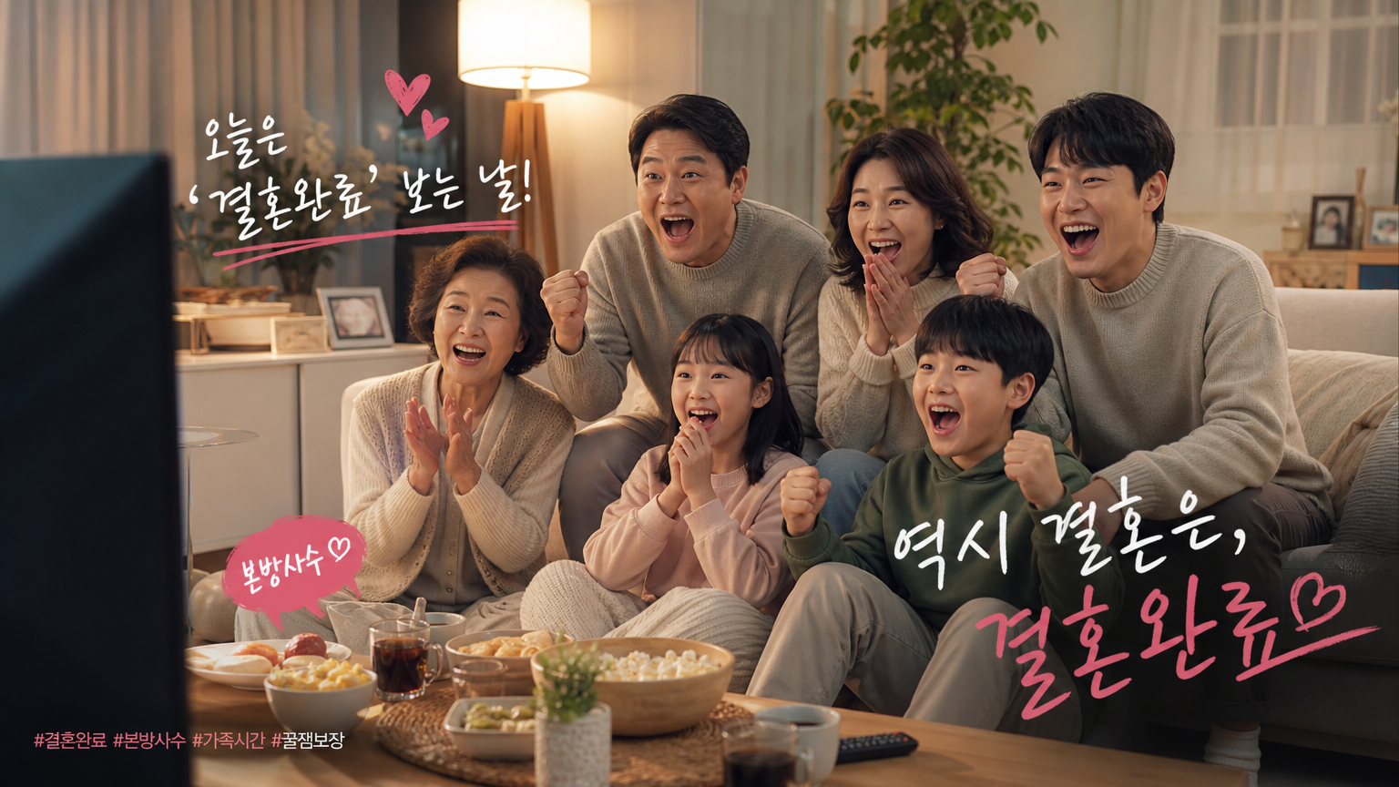 가족들이 텔레비전을 보며 흥미롭게 '결혼의 완성'을 감상하는 모습