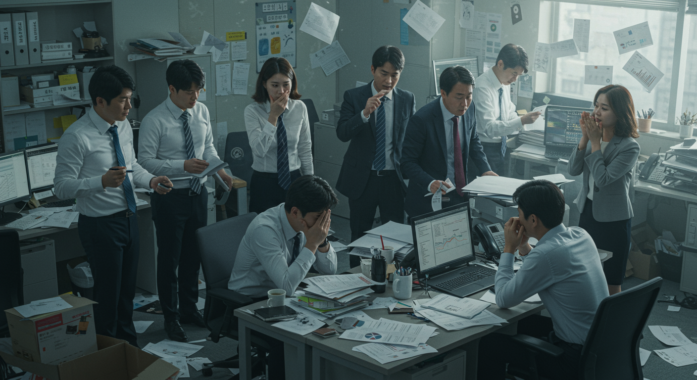 대규모 데이터 유출 사고로 인해 긴장감이 흐르는 사무실에서 직원들이 토론하고 있는 모습