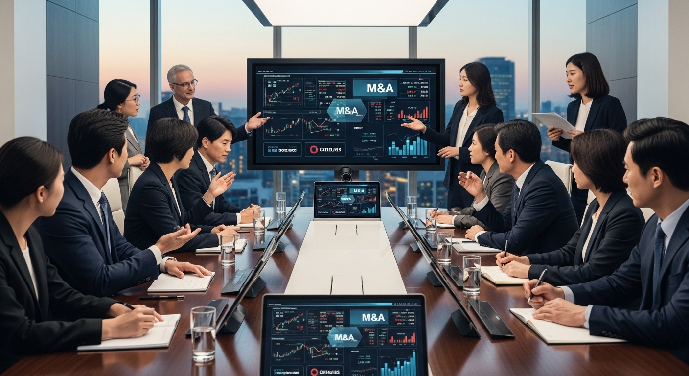 현대적인 회의실에서 인수합병에 대해 토론 중인 다양한 직장인들 모습
