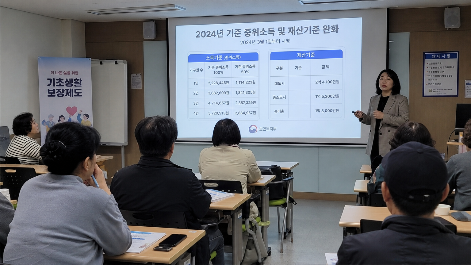 소득 및 재산 기준을 배우고 있는 성인 학습자들
