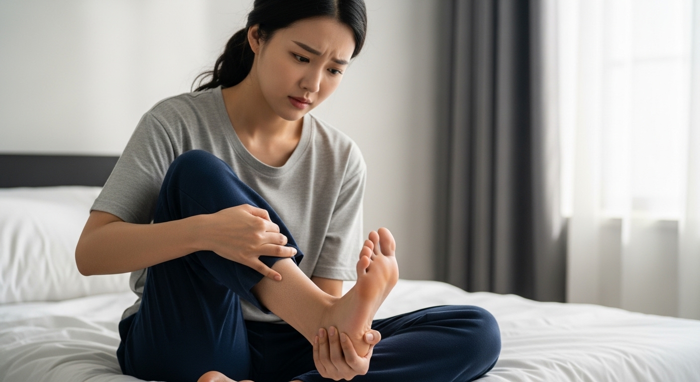 발뒤꿈치 통증을 호소하는 여성의 모습