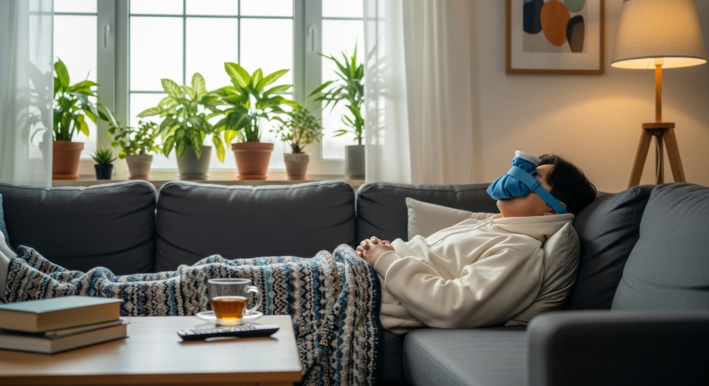 집에서 아이스팩을 얹고 회복 중인 남성
