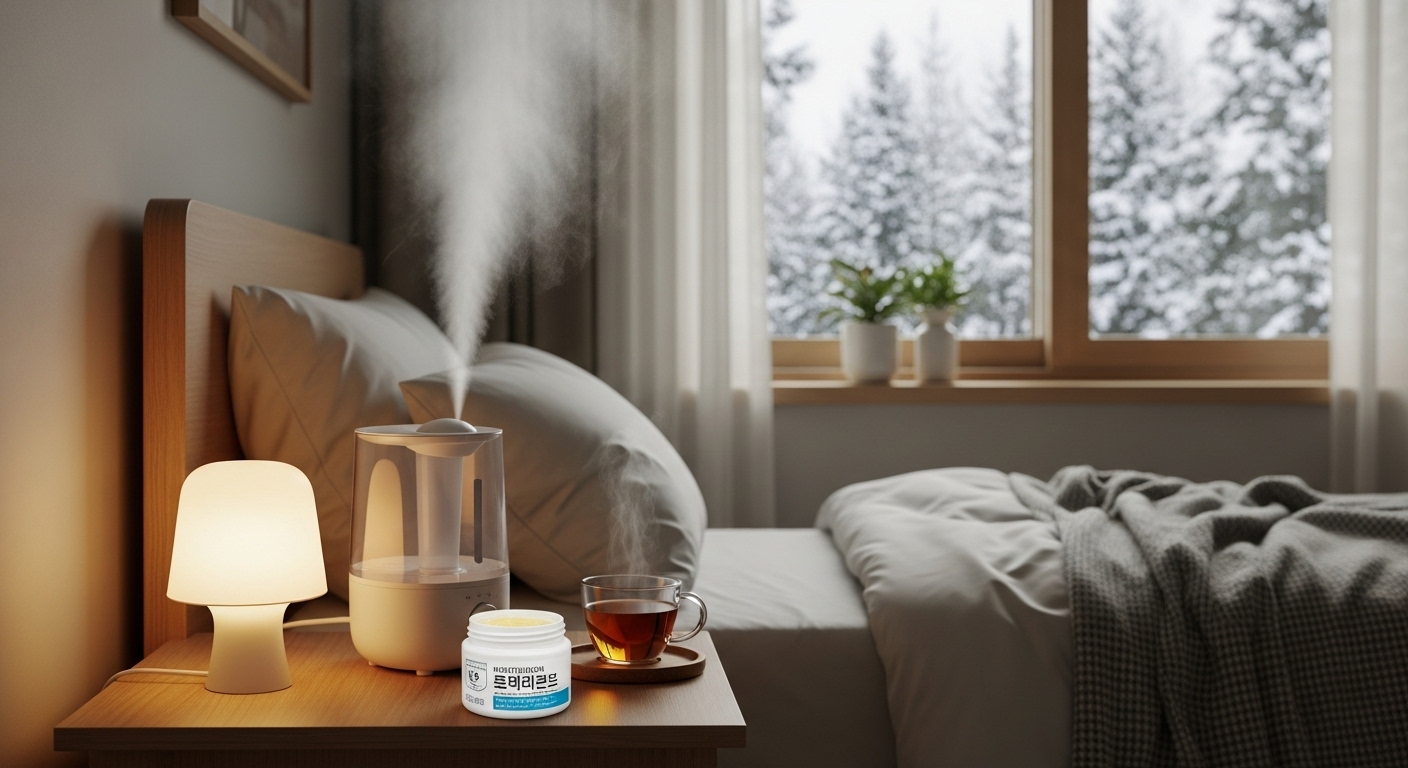 한국 가정 침실에 있는 가습기와 보습 연고