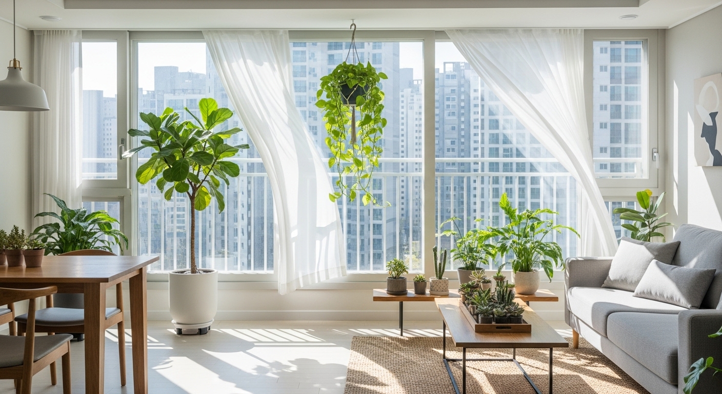 창문을 열어 환기를 시키고 식물이 있는 아파트 내부 모습