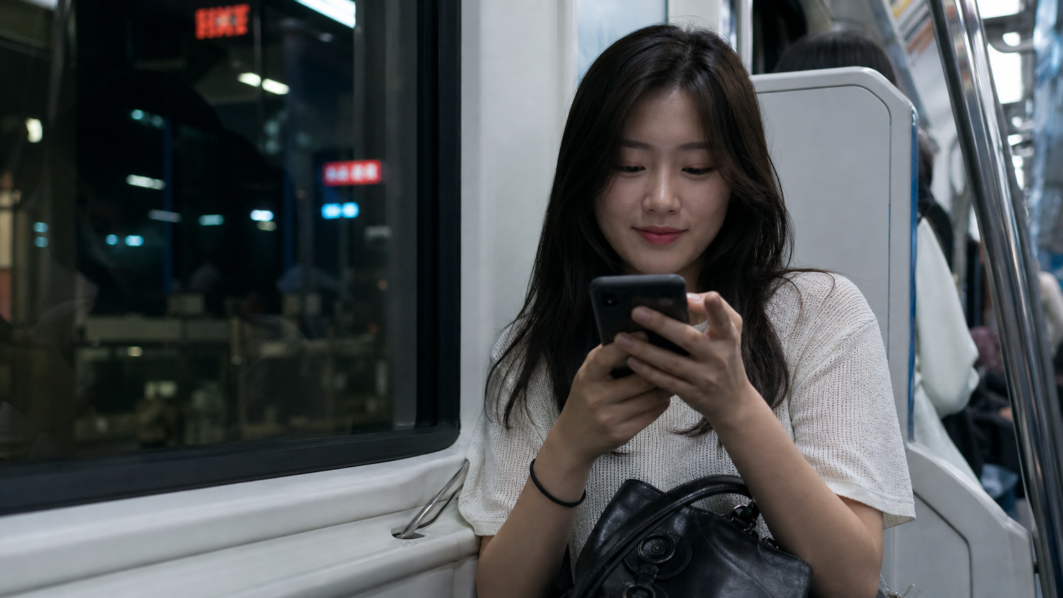 지하철 안에서 스마트폰으로 유머 커뮤니티 앱을 사용하는 젊은 한국 여성