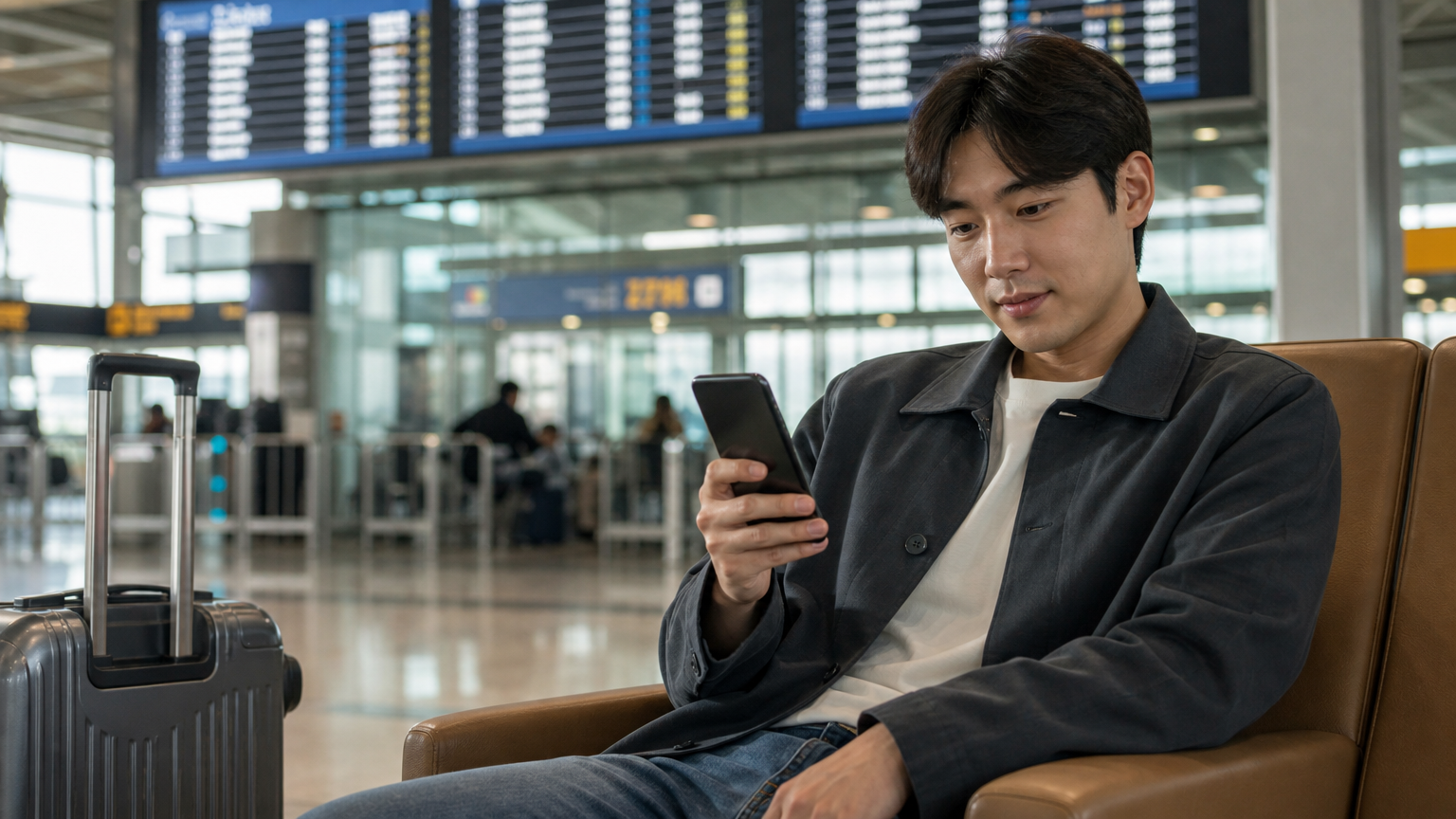 공항 라운지에서 스마트폰으로 항공편 정보를 확인하는 모습